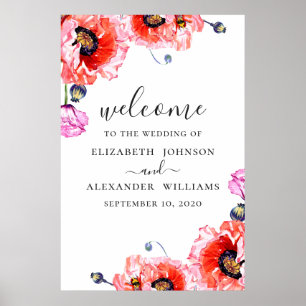 Mohnblumen. Aquarell rote Blumen Hochzeit Willkomm Poster