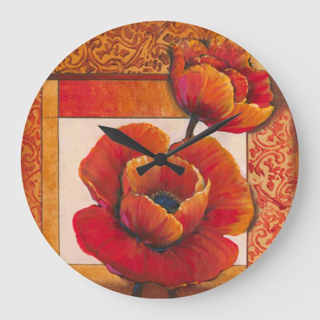 Mohnblumen-Blumen auf TAN und orange Hintergrund Große Wanduhr (Vorderseite)