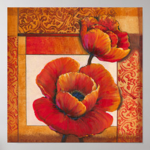 Mohnblumen-Blumen auf TAN und orange Hintergrund Poster