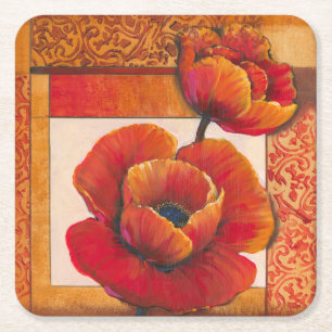 Mohnblumen-Blumen auf TAN und orange Hintergrund Rechteckiger Pappuntersetzer