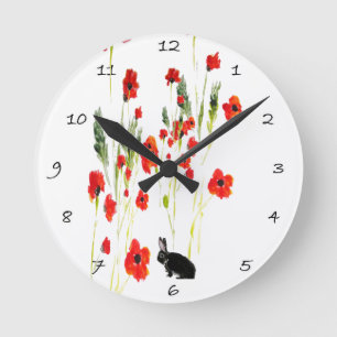 Mohnblumen-Blumen-Häschen-Kaninchen Runde Wanduhr