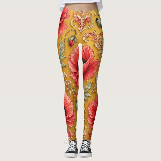 Mohnblumen-fleur goldenes Design Leggings (Vorderseite)