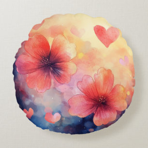 Mohnblumen & Herzen – Rundes Wasserfarben-Kissen Kissen