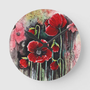Mohnblumen in Aquarellen Runde Wanduhr