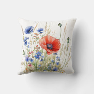 Mohnblumen & Kornblumen: Aquarell-Wiese rustikal Kissen