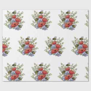 Mohnblumen und Bienen Digitale Zeichnung, Botanisc Geschenkpapier