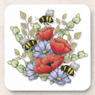 Mohnblumen und Bienen Digitale Zeichnung, Botanisc Getränkeuntersetzer