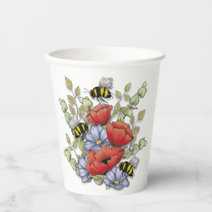 Mohnblumen und Bienen Digitale Zeichnung, Botanisc Pappbecher