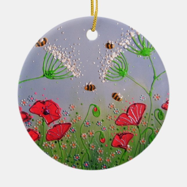 Mohnblumen und Bienen Keramik Ornament (Vorne)