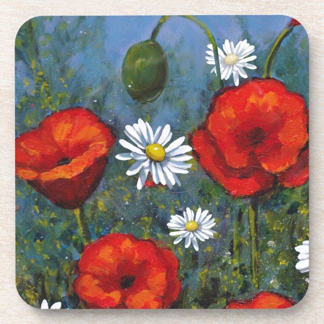 Mohnblumen und Gänseblümchen: Blumenkunst, Blumen Getränkeuntersetzer (Vorderseite)