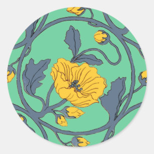 Mohnblumen Vintage Fliesen Design Art Nouveau Runder Aufkleber