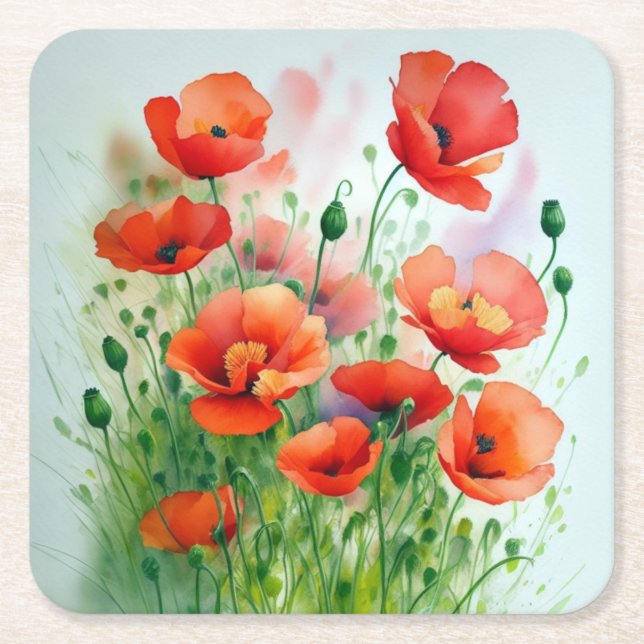 Mohnblumenwiese, Aquarell -  Rechteckiger Pappuntersetzer (Vorderseite)