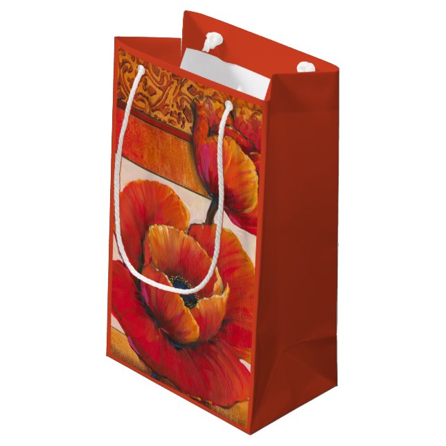 Mohnblüte auf Tan und Orange Hintergrund Kleine Geschenktüte (Rückseite Schrägansicht)