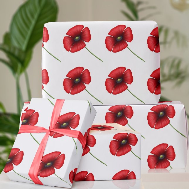 Mohnfarben-Blume-Muster Rot und Weißwrapping Paper Geschenkpapier (A pretty red poppy wrapping paper for all your gifts any time of the year. )