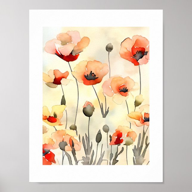 Mohnfarben Blume Wasserfarbenminimalistische Maler Poster (Vorne)
