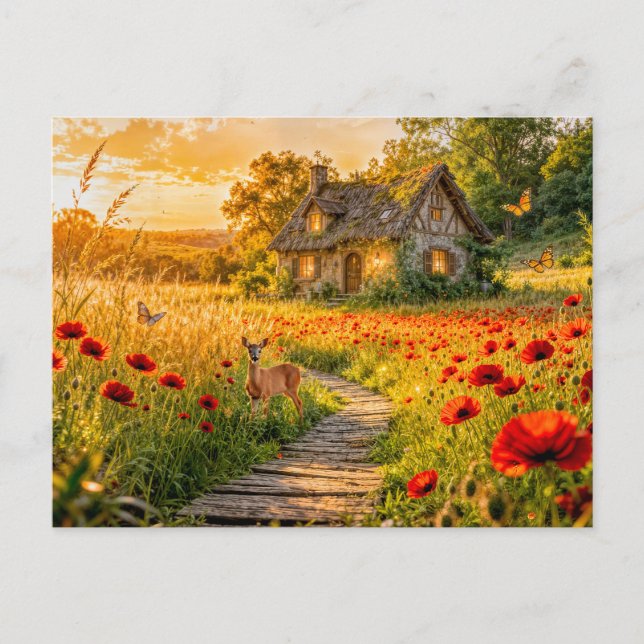 Mohnfeld Cottage mit Holzpfad Postkarte (Vorderseite)