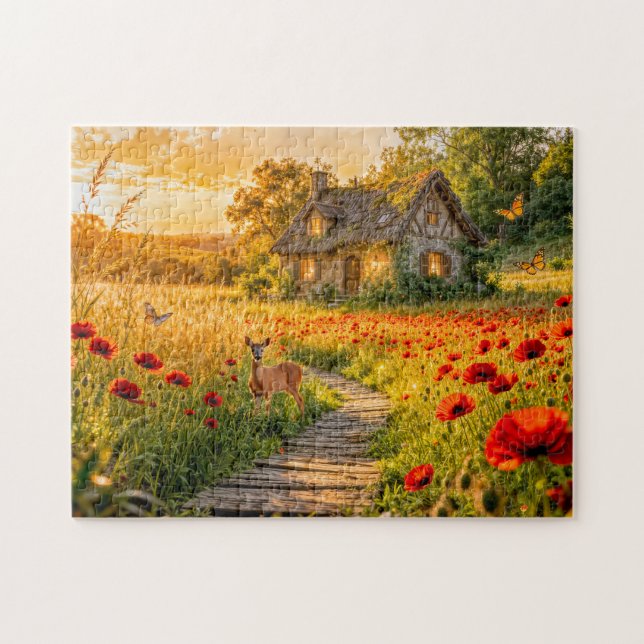Mohnfeld Cottage mit Holzpfad Puzzle (Horizontal)
