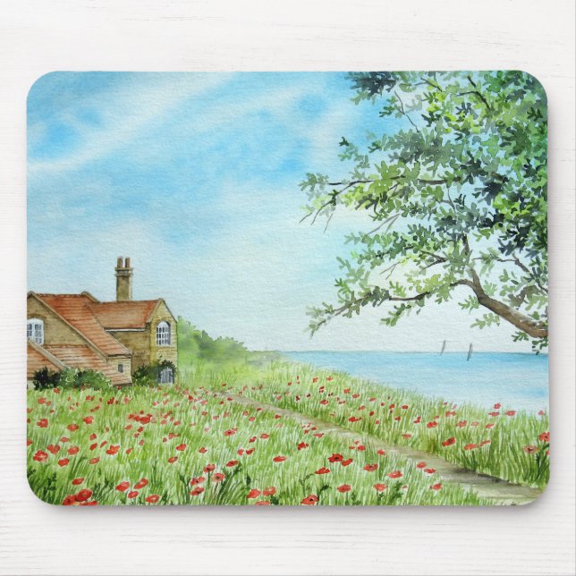 Mohnfeld Landschaft Wasserfarben Malerei Mousepad (Vorne)