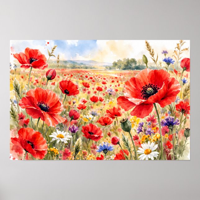 Mohnfeld - Wasserfarben-Mohn Poster (Vorne)