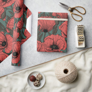 Mohngarten in Korallen, Braun und Pinienwäldern Geschenkpapier