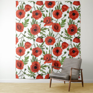 Mohngarten in Korallen und Braun Wandteppich