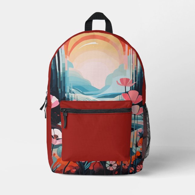 Mohnlandschaft Sonnenaufgang Roter individuelle Na Bedruckter Rucksack (Vorderseite)