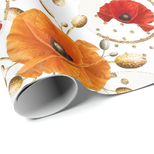 Mohnrot Blume Orange Glam Weißer Goldmetall Geschenkpapier (Rolleneckpunkt)