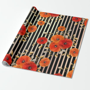 Mohnrot Blume Schwarz-weiß Glam Streifen Metallisc Geschenkpapier