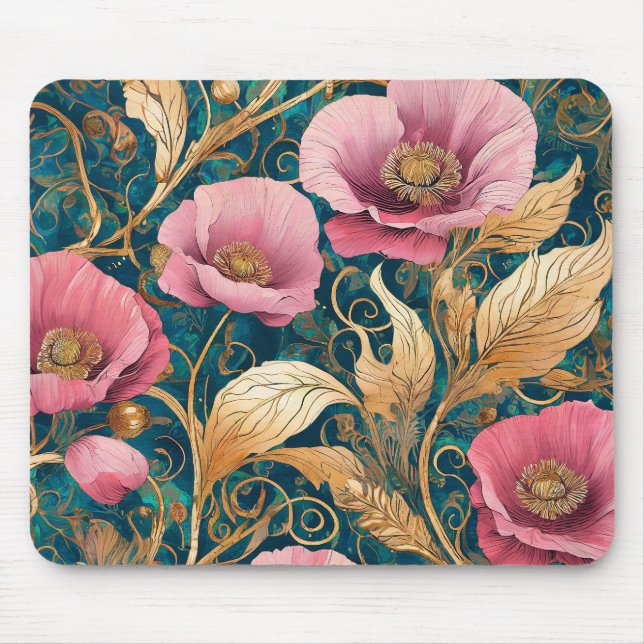 Mohnrot Scroll - Art Nouveau Floral Mousepad (Vorne)
