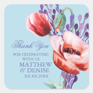 Mohnsammlung mit blauer Hintergrund-Zuckerwatte Quadratischer Aufkleber