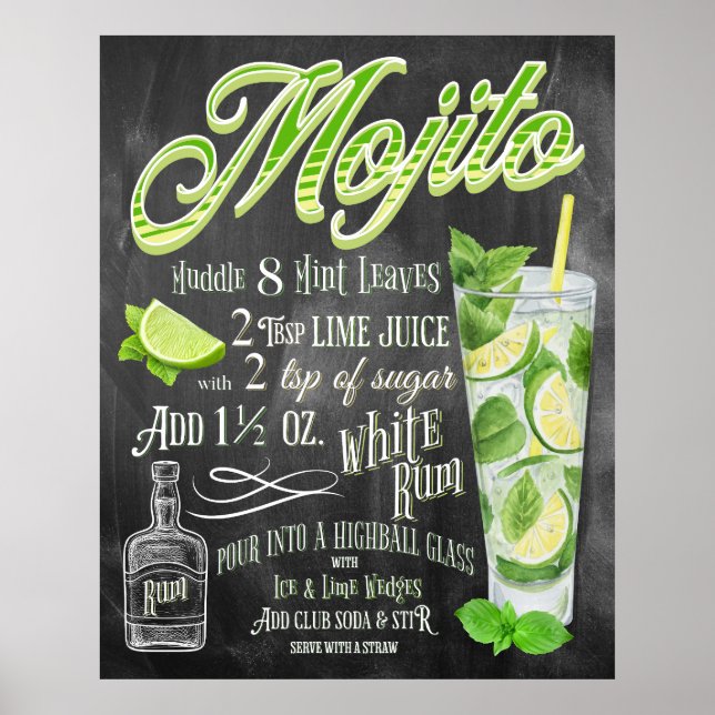 Mojito Cocktail Chalkboard Rezept Poster (Vorne)
