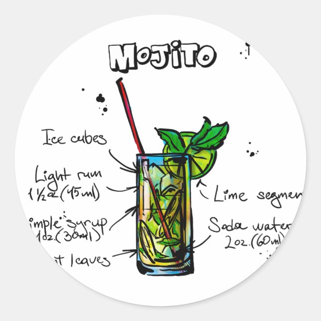 Mojito Cocktail Rezept Runder Aufkleber (Vorderseite)