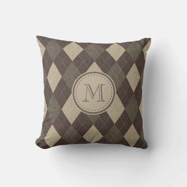 Mokka Chocca Brown Rauten-Muster mit Monogramm Kissen (Vorderseite)