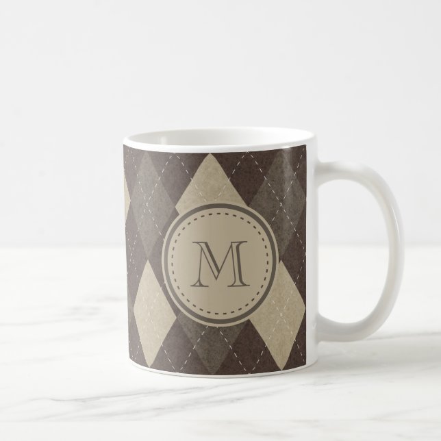 Mokka Chocca Brown Rauten-Muster mit Monogramm Tasse (Rechts)