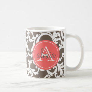 Mokka und korallenroter mit Monogramm Damast-Druck Tasse