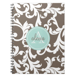 Mokka-und Minzen-mit Monogramm Damast-Druck Notizblock