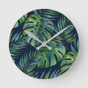 Moku-Insel Hawaiianische Aquarell-Monstera - Navy Runde Wanduhr