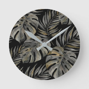 Moku-Insel Hawaiianische Aquarell-Monstera-Schwarz Runde Wanduhr