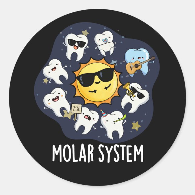 Molar System Funny Dental Astronomie Pun Dark BG Runder Aufkleber (Vorderseite)