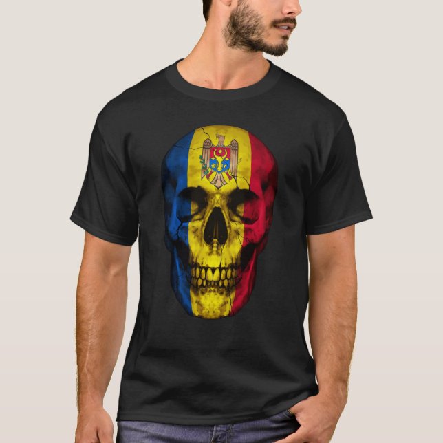 Moldova Flag Skull Moldovan Roots Proud Patriotic T-Shirt (Vorderseite)