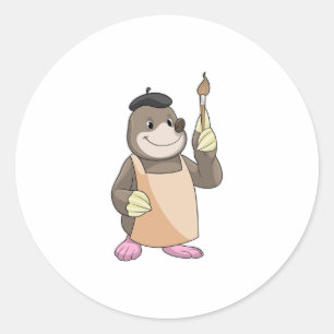 Mole als Maler mit Pinsel Runder Aufkleber