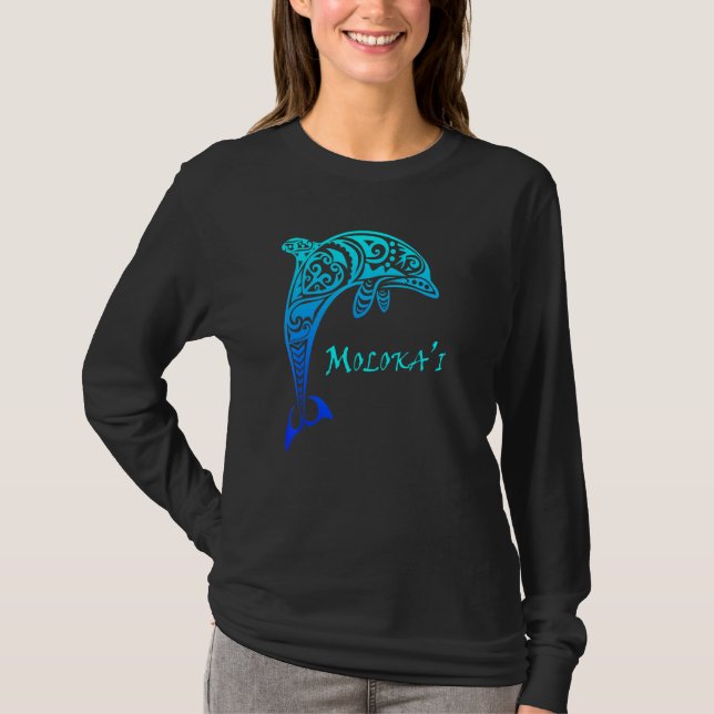 Molokai Hawaii Vintager Tribal Dolphin Urlaub T-Shirt (Vorderseite)