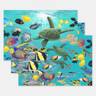 Molokini Cove Hawaiian Tropical Fish Turtle Trio Geschenkpapier Set