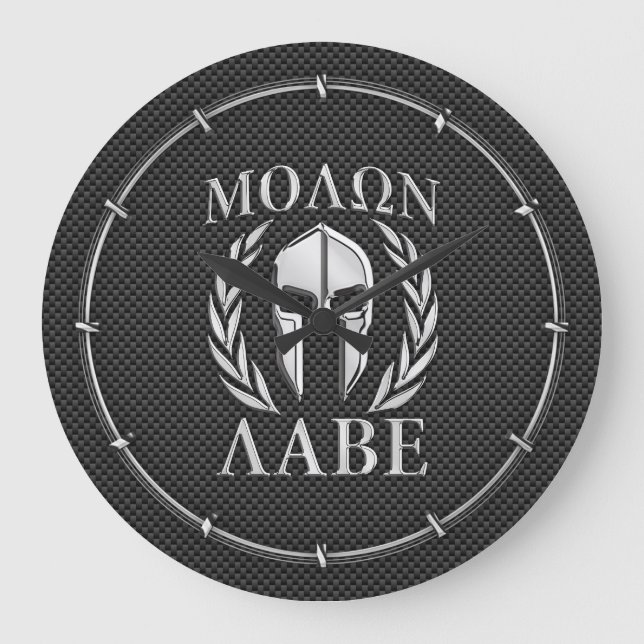 Molon Labe Chrom-spartanischer Sturzhelm auf Große Wanduhr (Vorderseite)