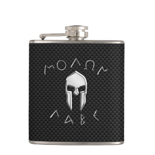 Molon Labe Chrome Spartan Helm auf Kohlenstofffase Flachmann