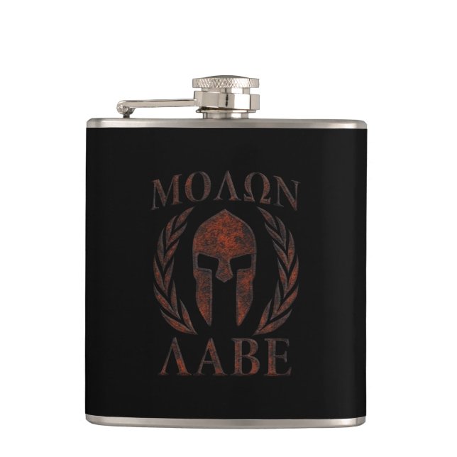 Molon Labe Krieger Laurels Eiserne Maske Flachmann (Vorderseite)
