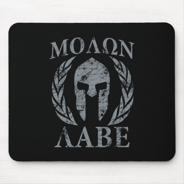 Molon Labe Kriegers-Masken-Lorbeer auf Schwarzem Mousepad (Vorne)