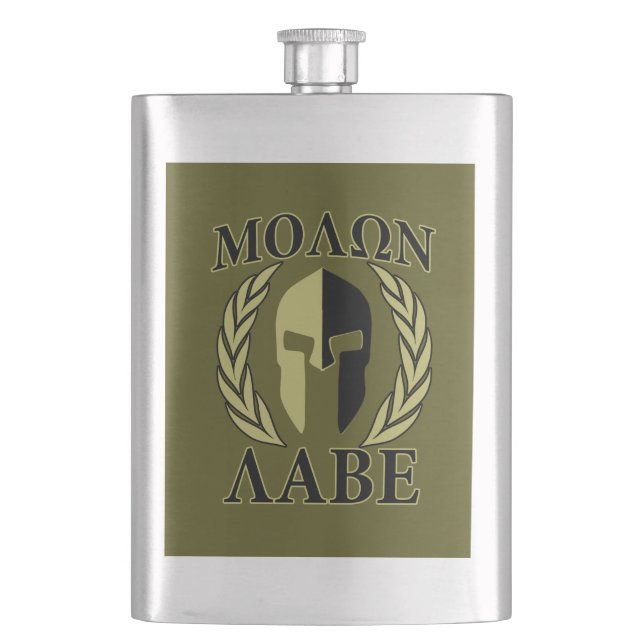 Molon Labe Spartan Helmet Laurels Olive Green Flachmann (Vorderseite)