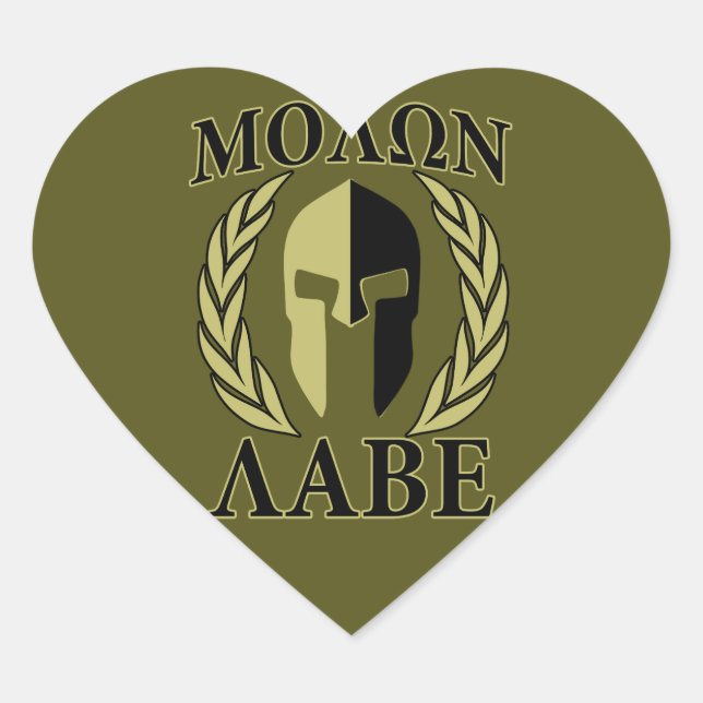 Molon Labe Spartan Mask Laurels Olive Green Herz-Aufkleber (Vorderseite)