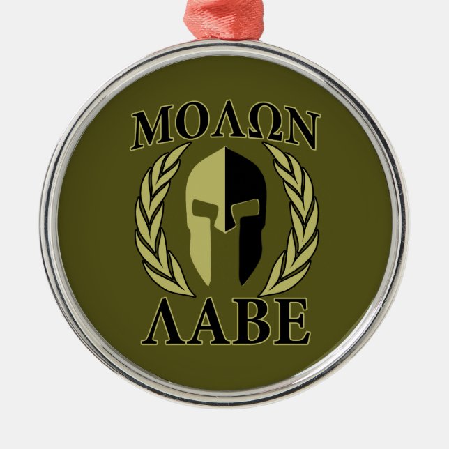 Molon Labe Spartan Mask Laurels Olive Green Silbernes Ornament (Vorne)